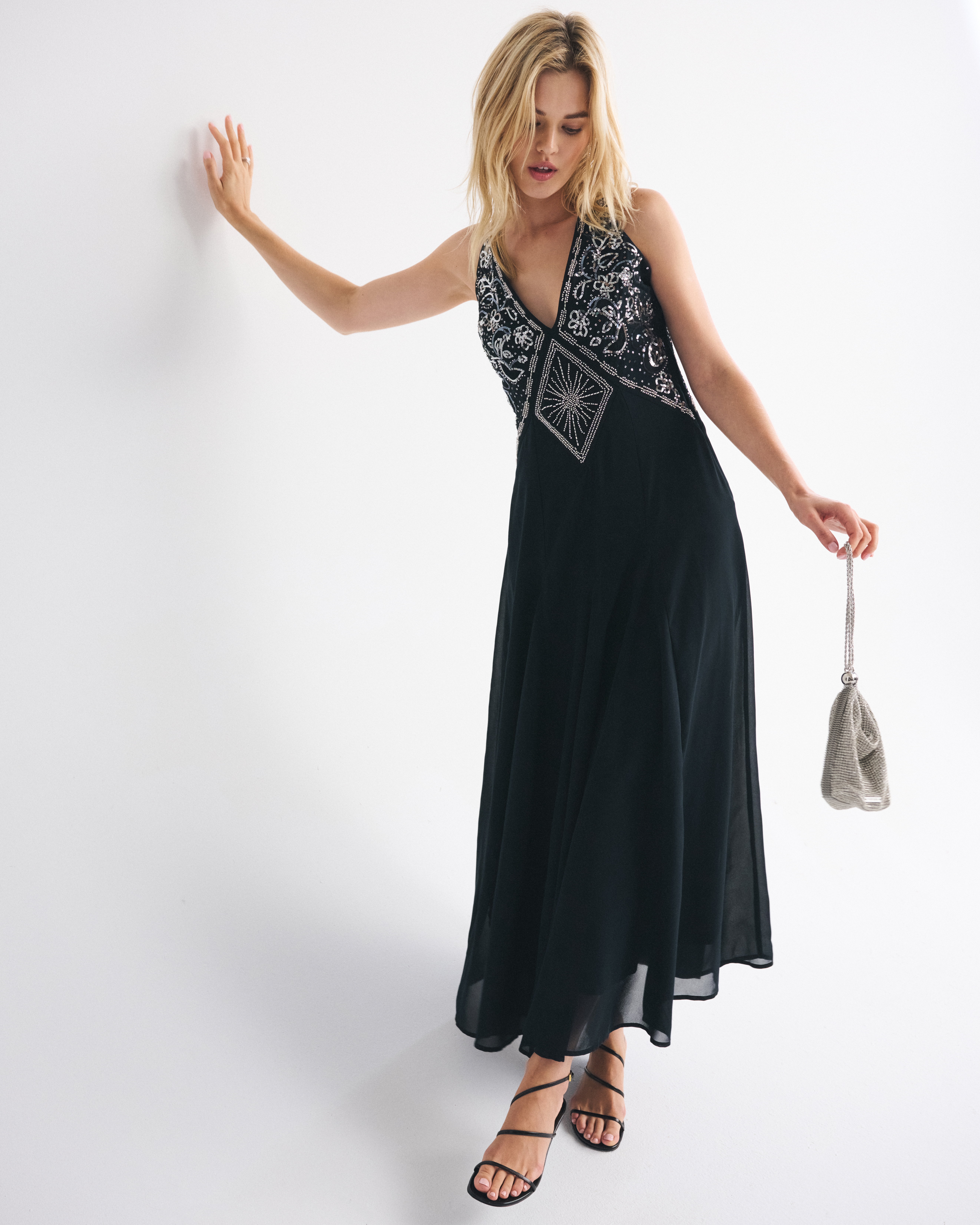 Abercrombie & Fitch Beaded Plunge Maxi Dress In Black