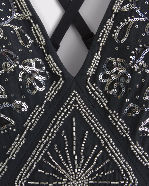 Women's Beaded Plunge Maxi Dress in Black | Size XS | Abercrombie & Fitch