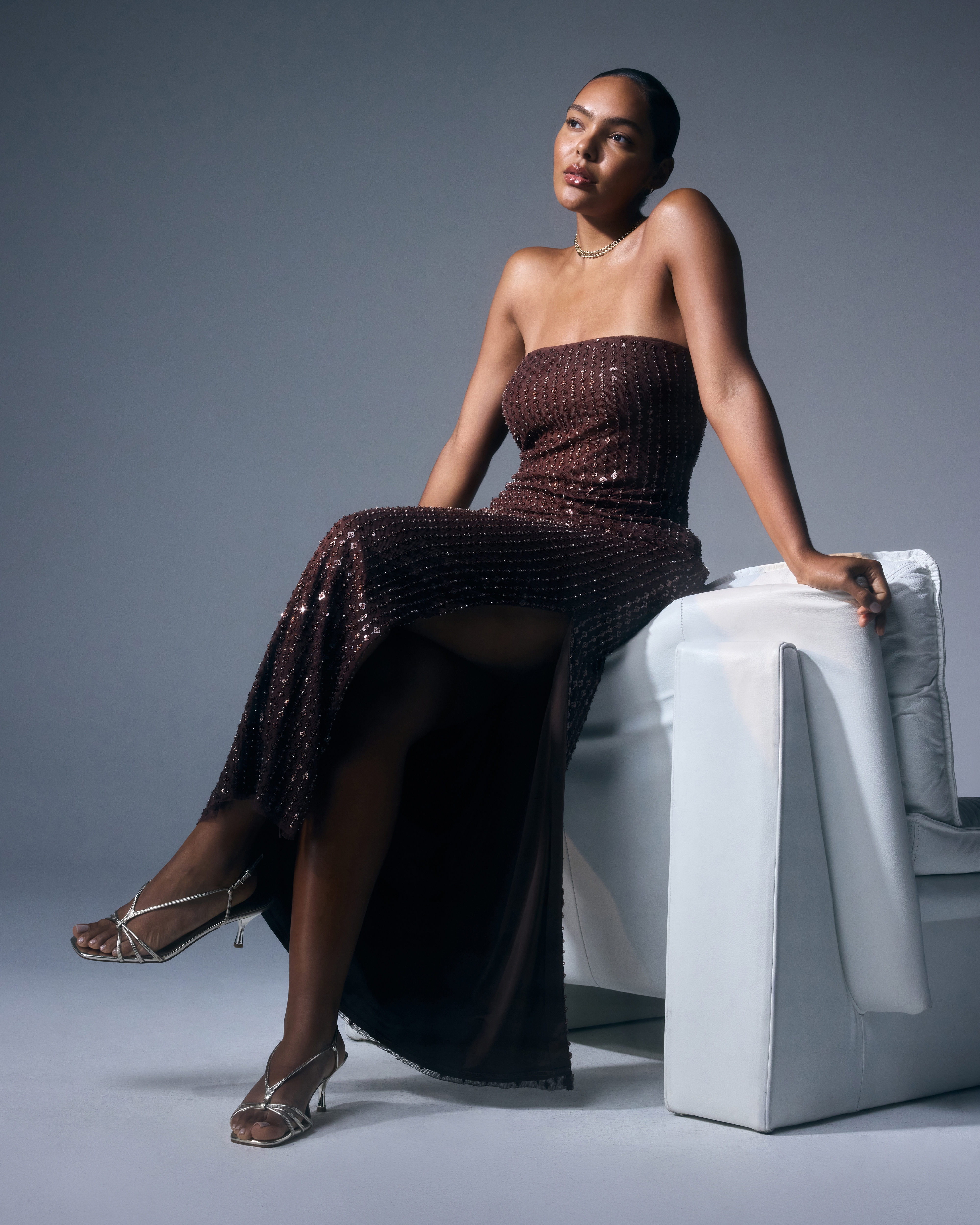 Abercrombie & Fitch Bra-free Strapless Beaded Maxi Dress In Brown