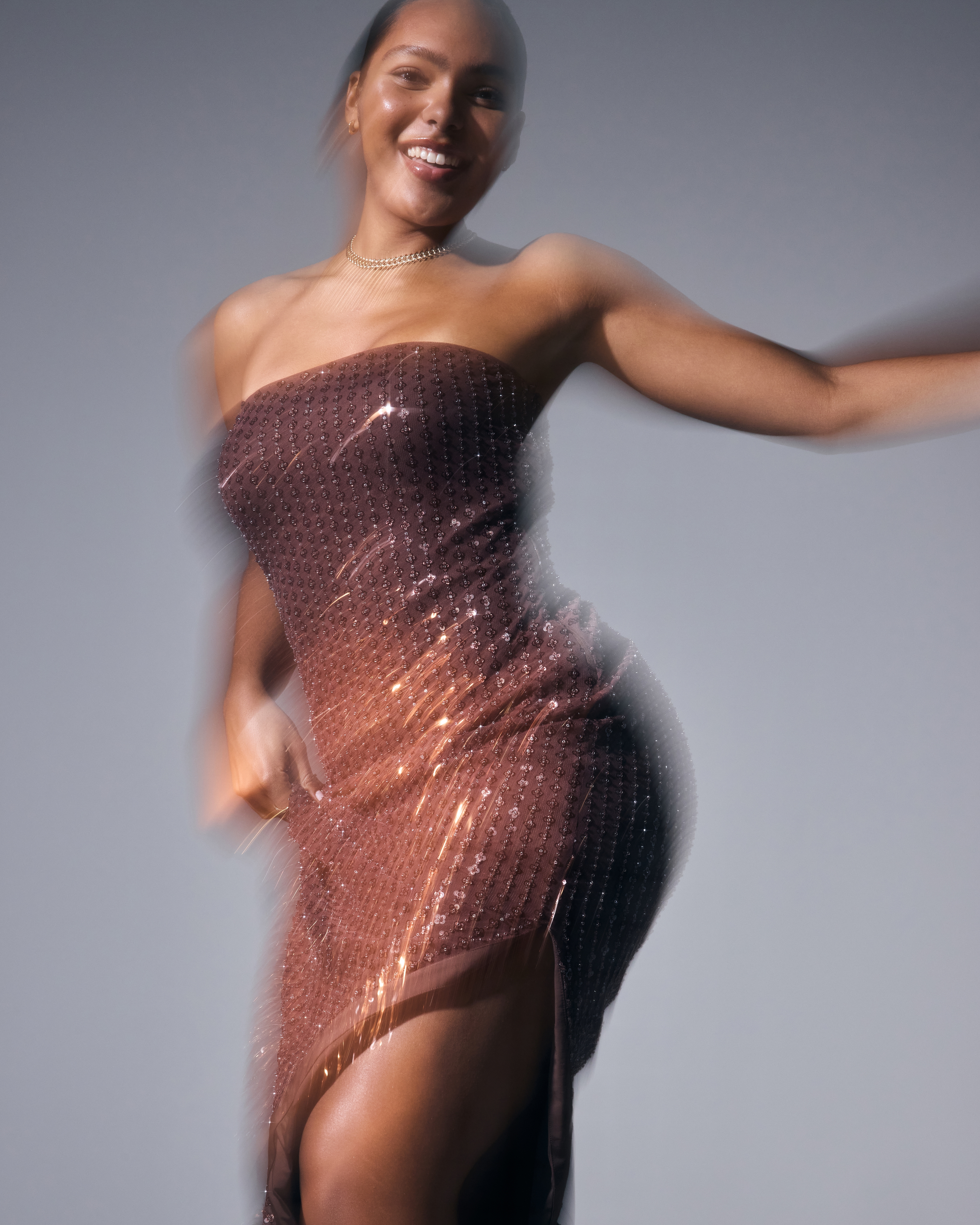 Abercrombie & Fitch Bra-free Strapless Beaded Maxi Dress In Brown