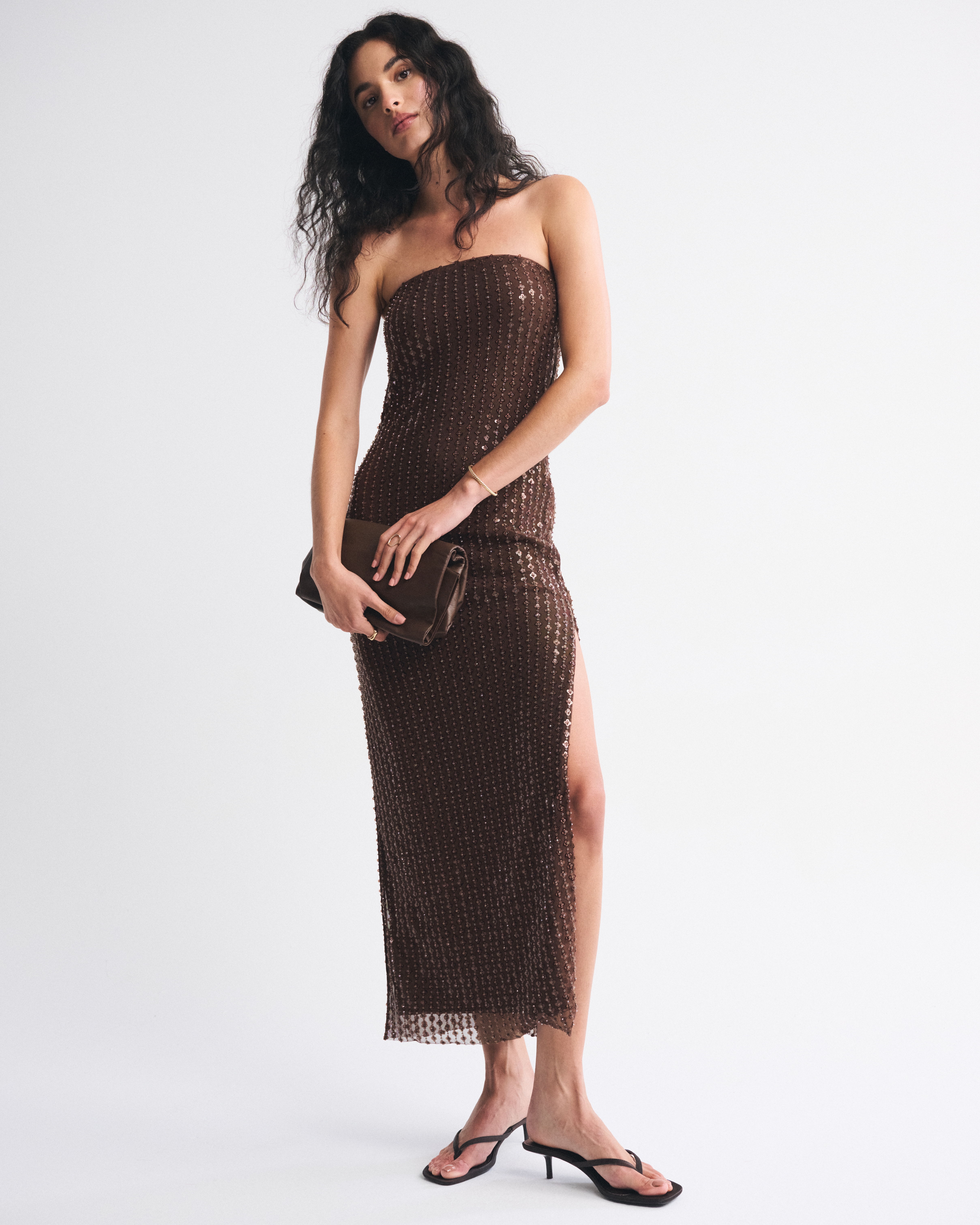 Abercrombie & Fitch Bra-free Strapless Beaded Maxi Dress In Brown