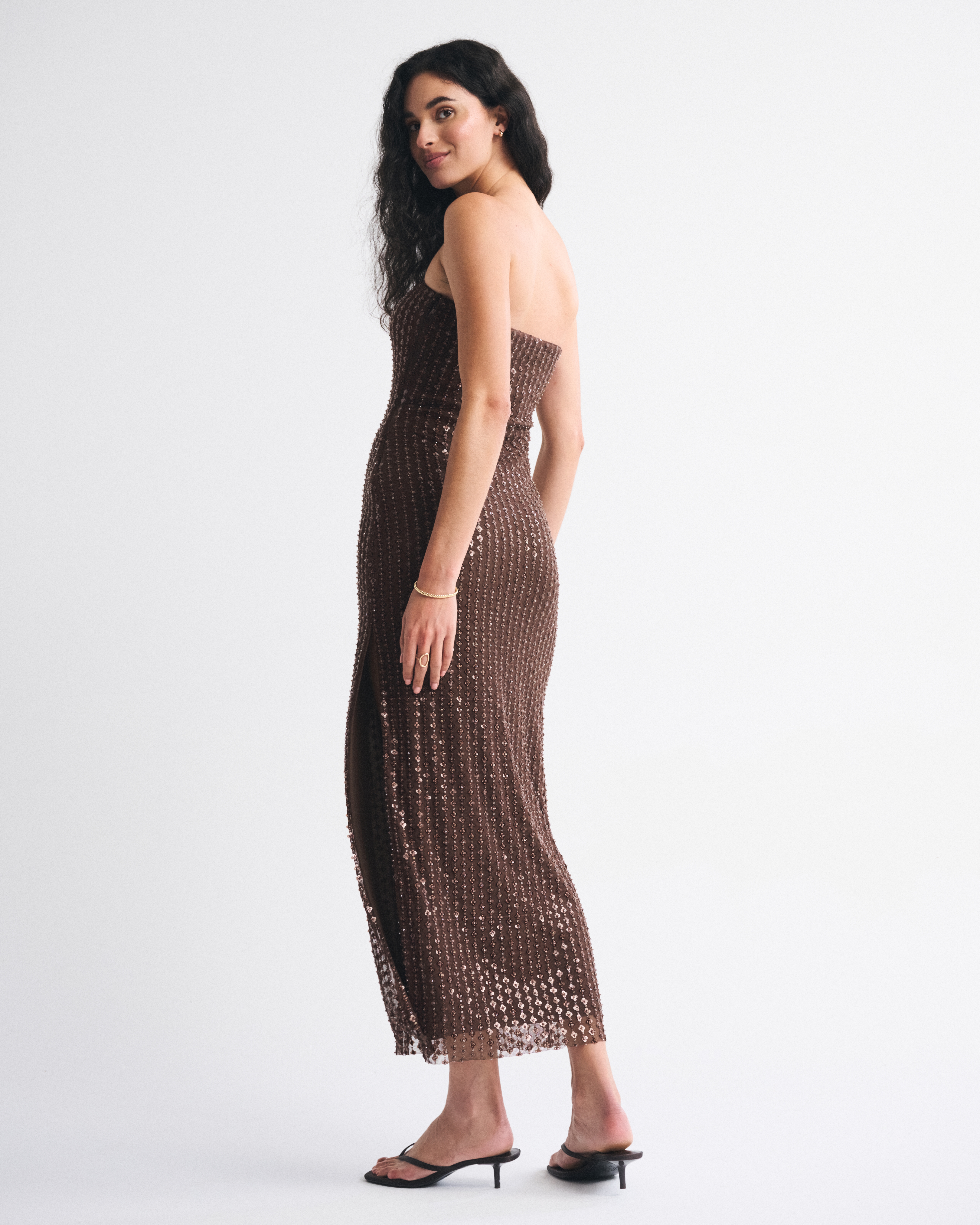 Abercrombie & Fitch Bra-free Strapless Beaded Maxi Dress In Brown