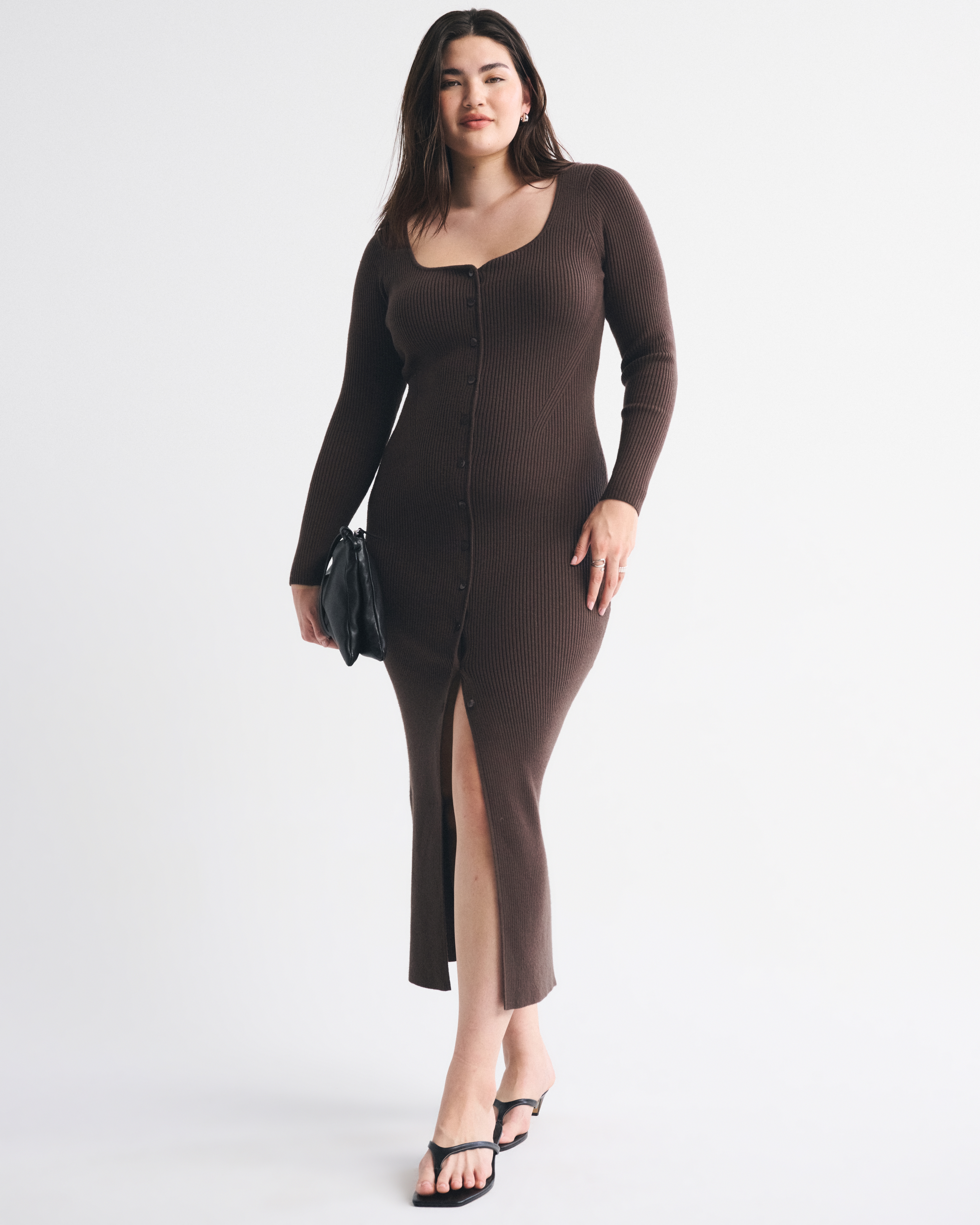 Abercrombie & Fitch Long-sleeve Button-through Maxi Sweater Dress In Brown