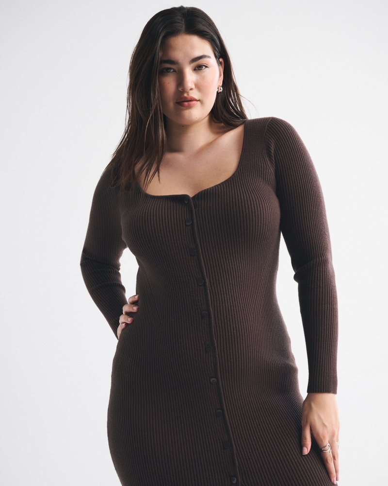 Long-Sleeve Button-Through Maxi Sweater Dress