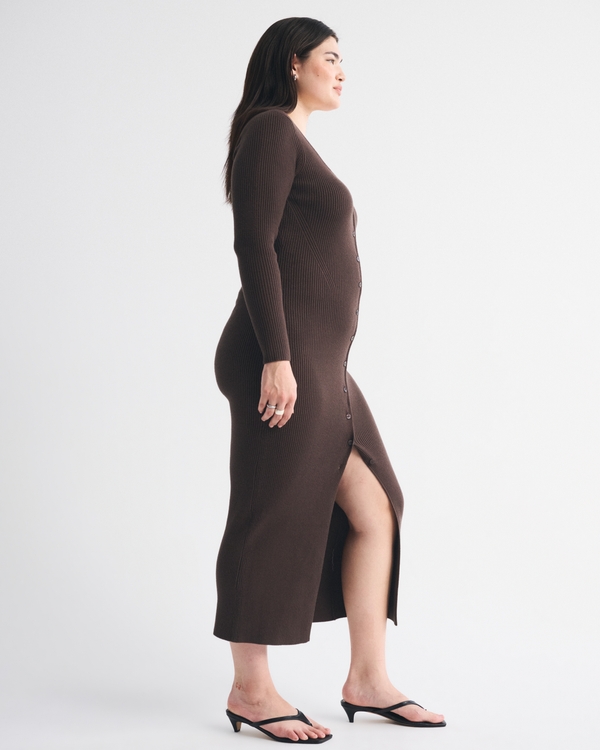 Long-Sleeve Button-Through Maxi Sweater Dress