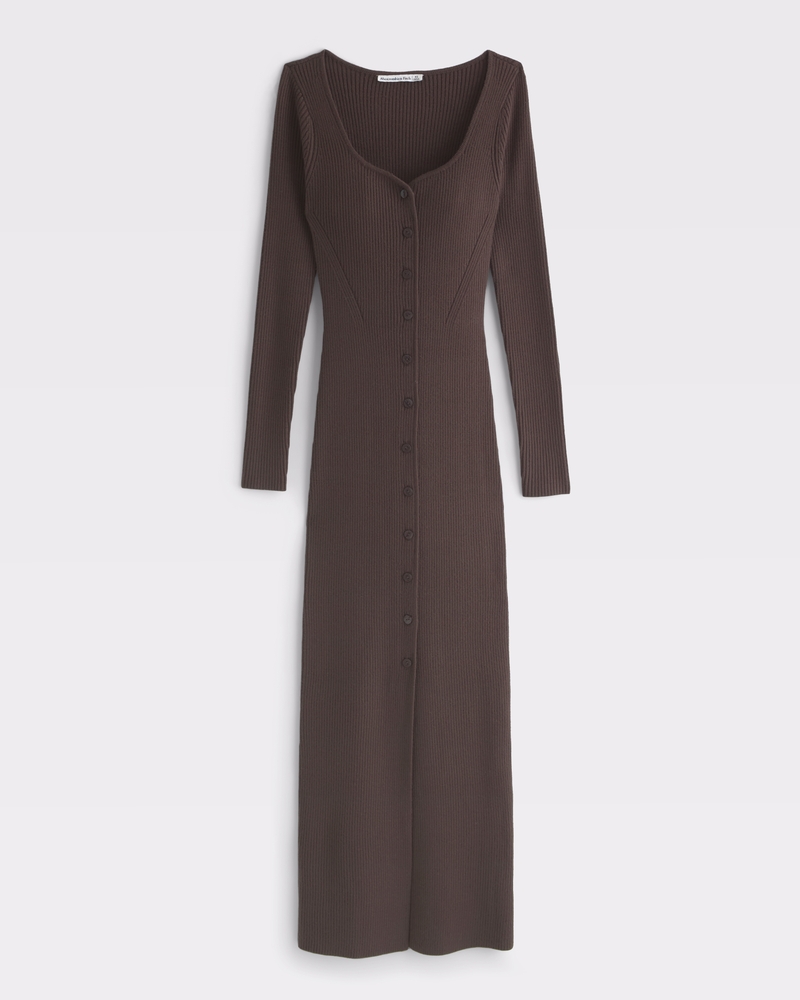 Long-Sleeve Button-Through Maxi Sweater Dress