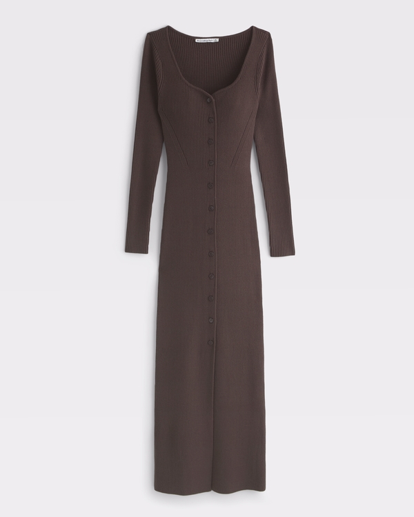 Long-Sleeve Button-Through Maxi Sweater Dress