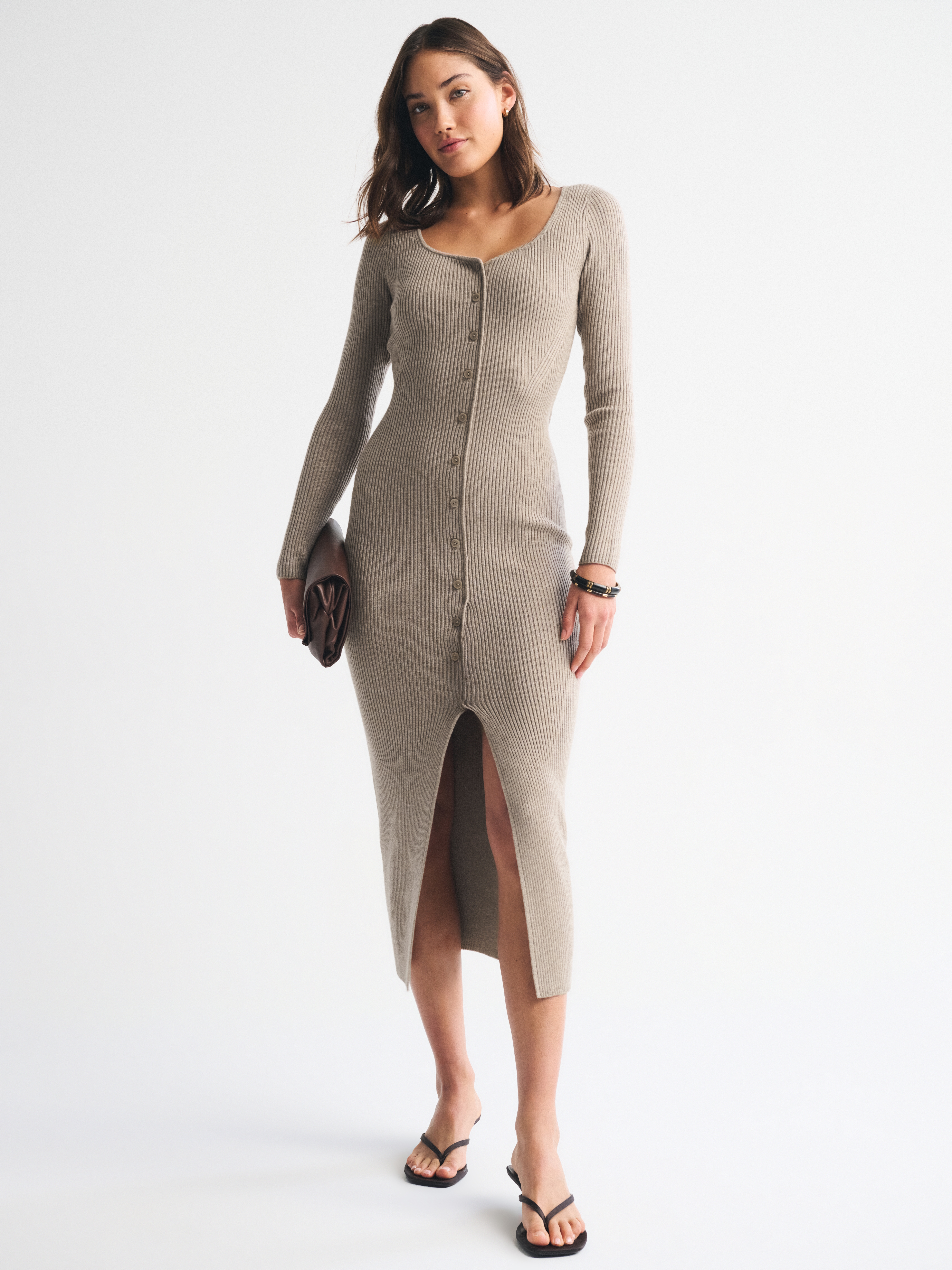 Abercrombie & Fitch Long-sleeve Button-through Maxi Sweater Dress In Brown