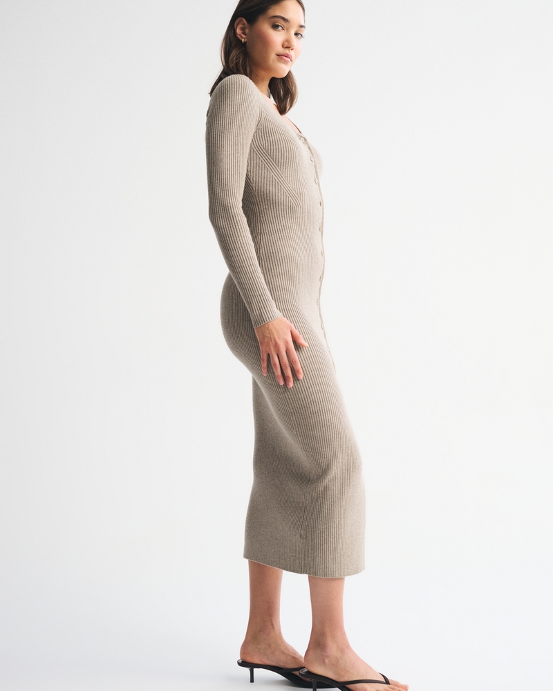 Long-Sleeve Button-Through Maxi Sweater Dress