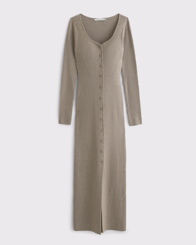 Long-Sleeve Button-Through Maxi Sweater Dress