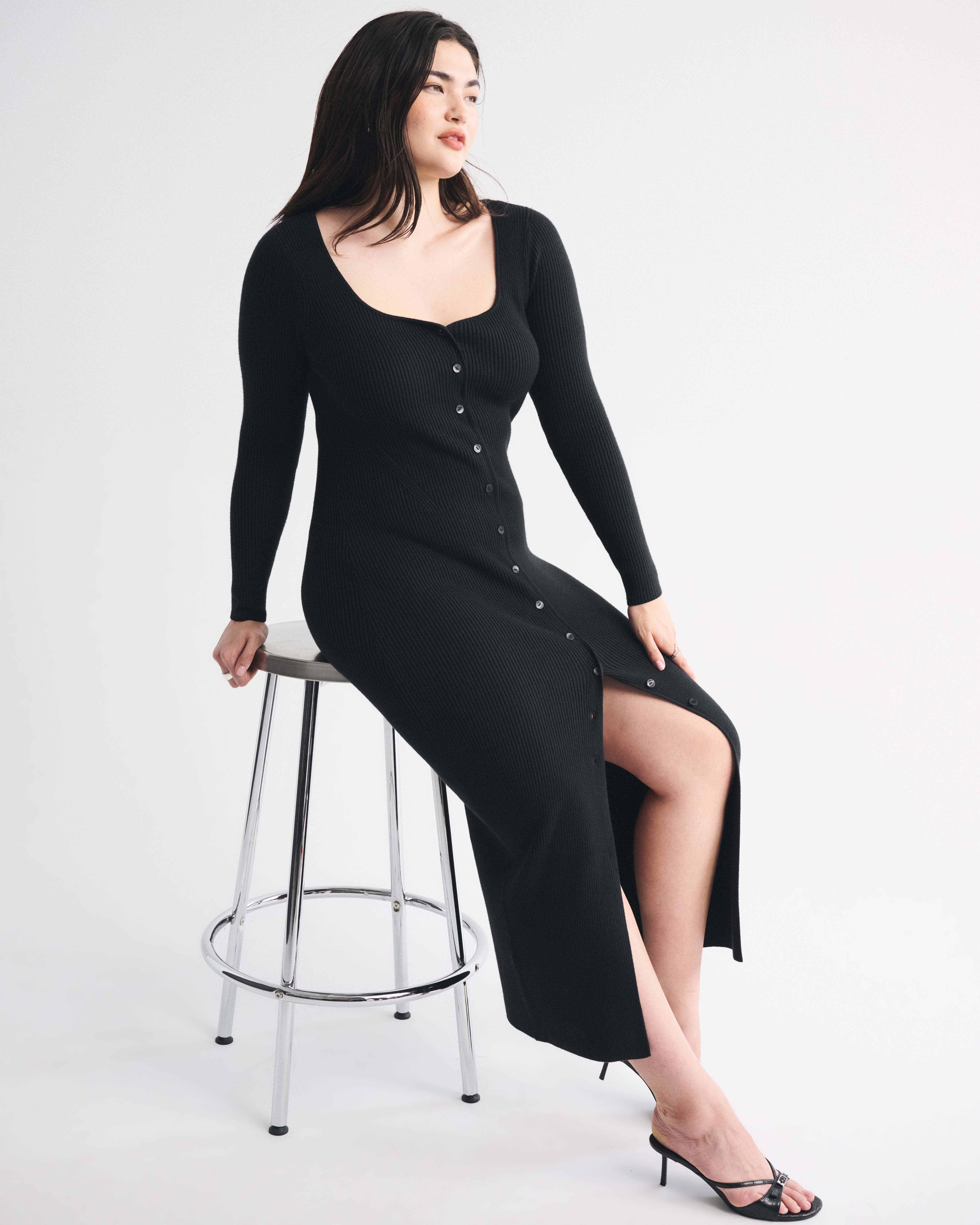 Abercrombie & Fitch Long-sleeve Button-through Maxi Sweater Dress In Black