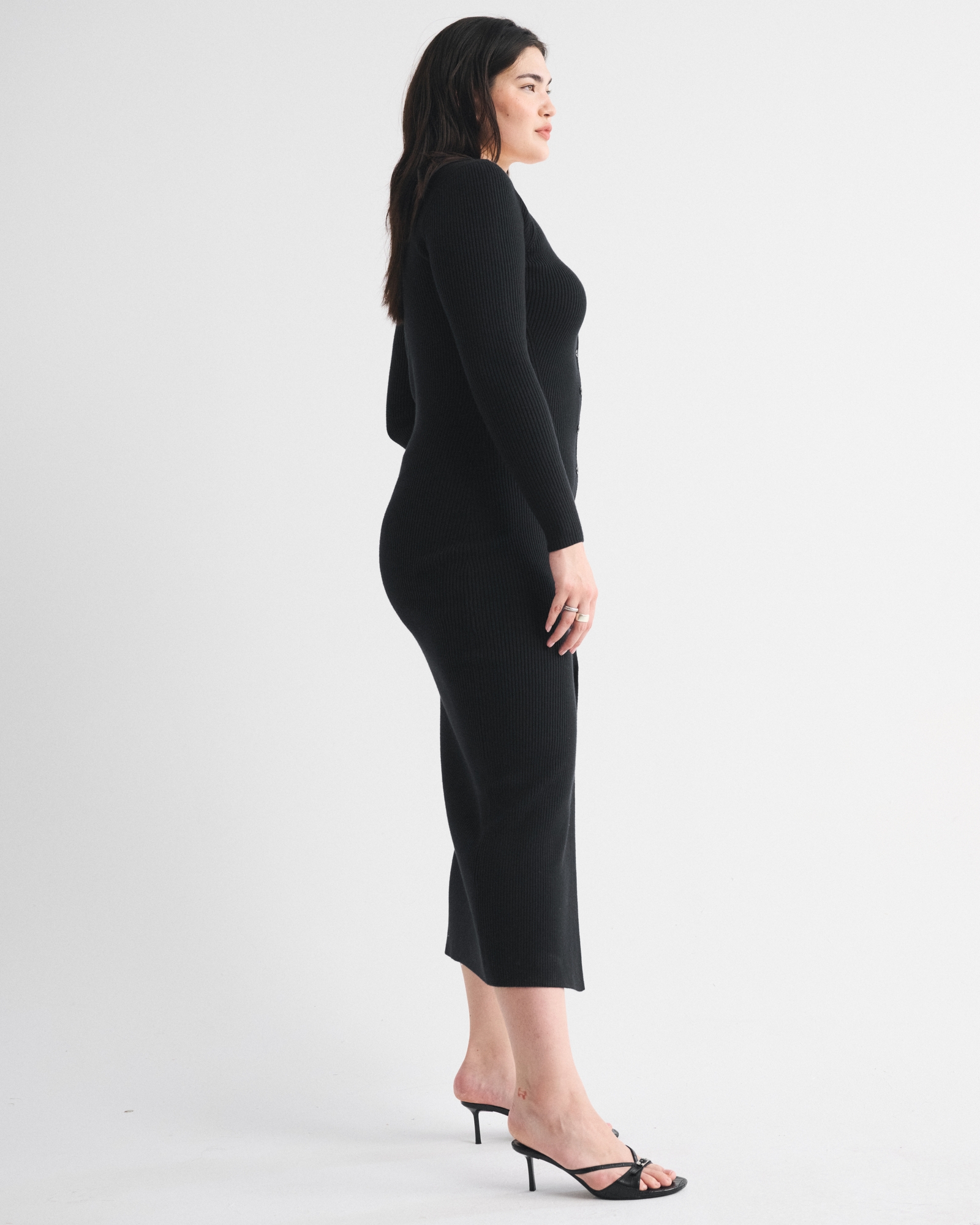 Long-Sleeve Button-Through Maxi Sweater Dress