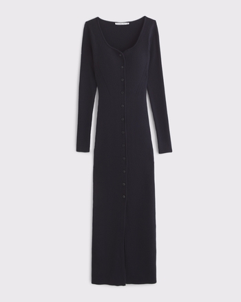 Long-Sleeve Button-Through Maxi Sweater Dress