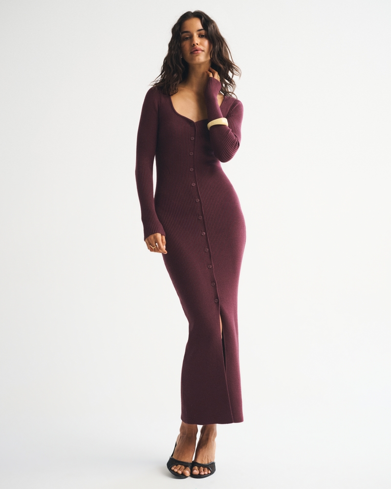 Long-Sleeve Button-Through Maxi Sweater Dress