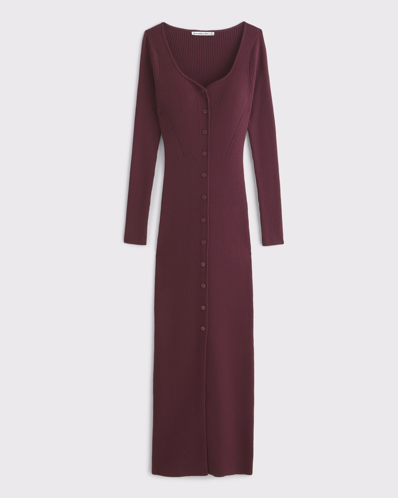 Women's Long-Sleeve Button-Through Maxi Sweater Dress