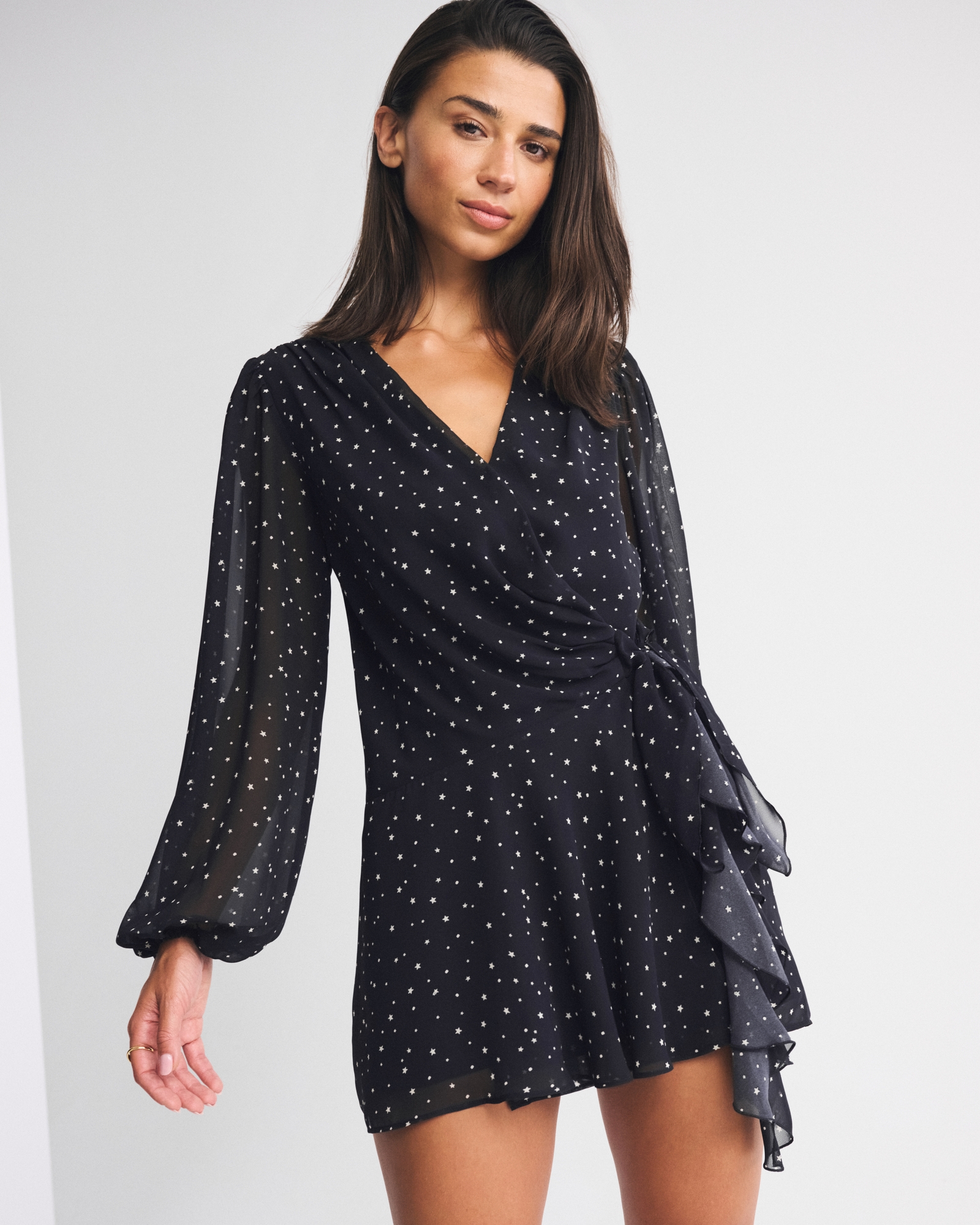 Long-Sleeve Plunge Wrap Mini Dress