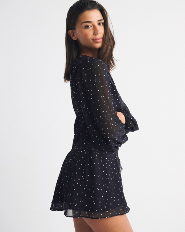 Long-Sleeve Plunge Wrap Mini Dress