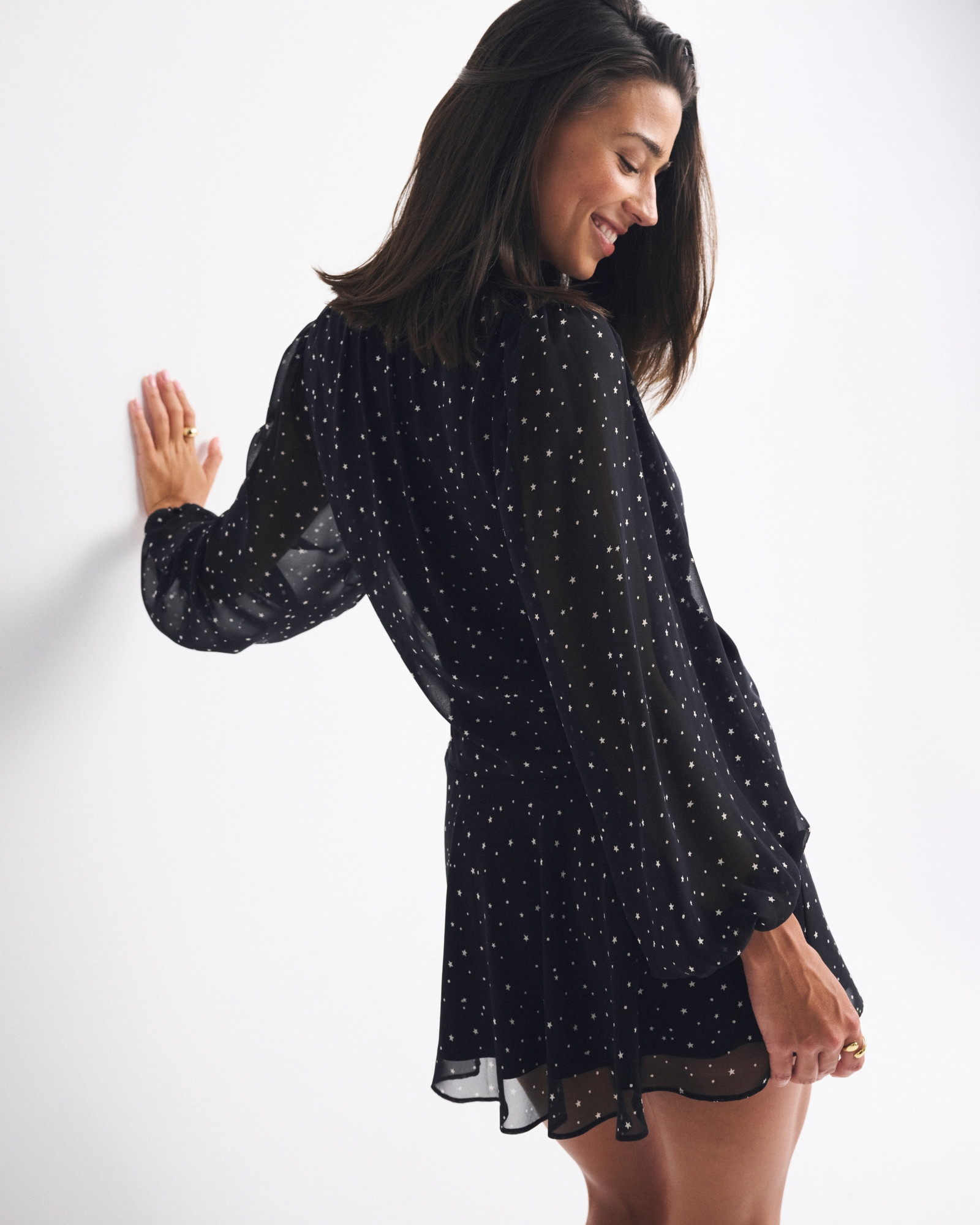 Long-Sleeve Plunge Wrap Mini Dress