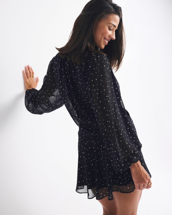 Long-Sleeve Plunge Wrap Mini Dress