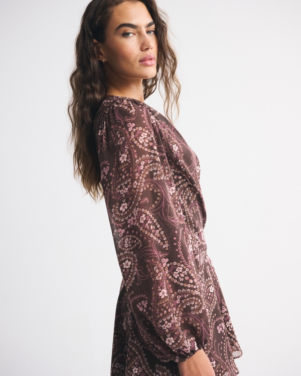 Long-Sleeve Plunge Wrap Mini Dress