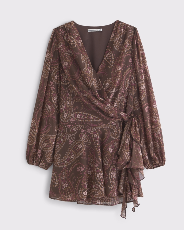 Long-Sleeve Plunge Wrap Mini Dress