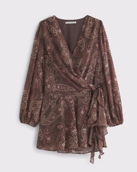 Long-Sleeve Plunge Wrap Mini Dress