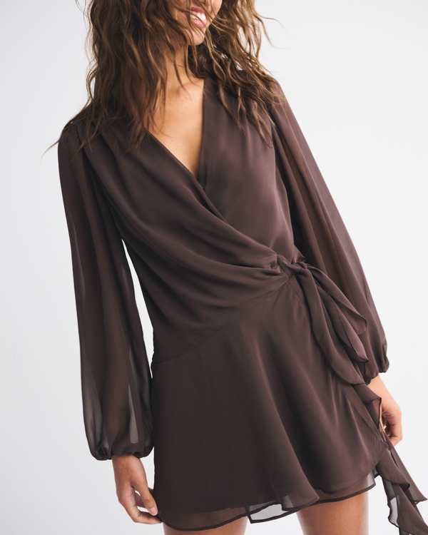 Long-Sleeve Plunge Wrap Mini Dress