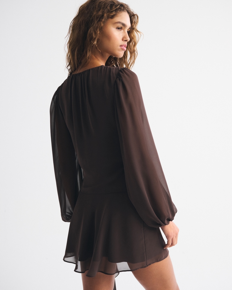Long-Sleeve Plunge Wrap Mini Dress