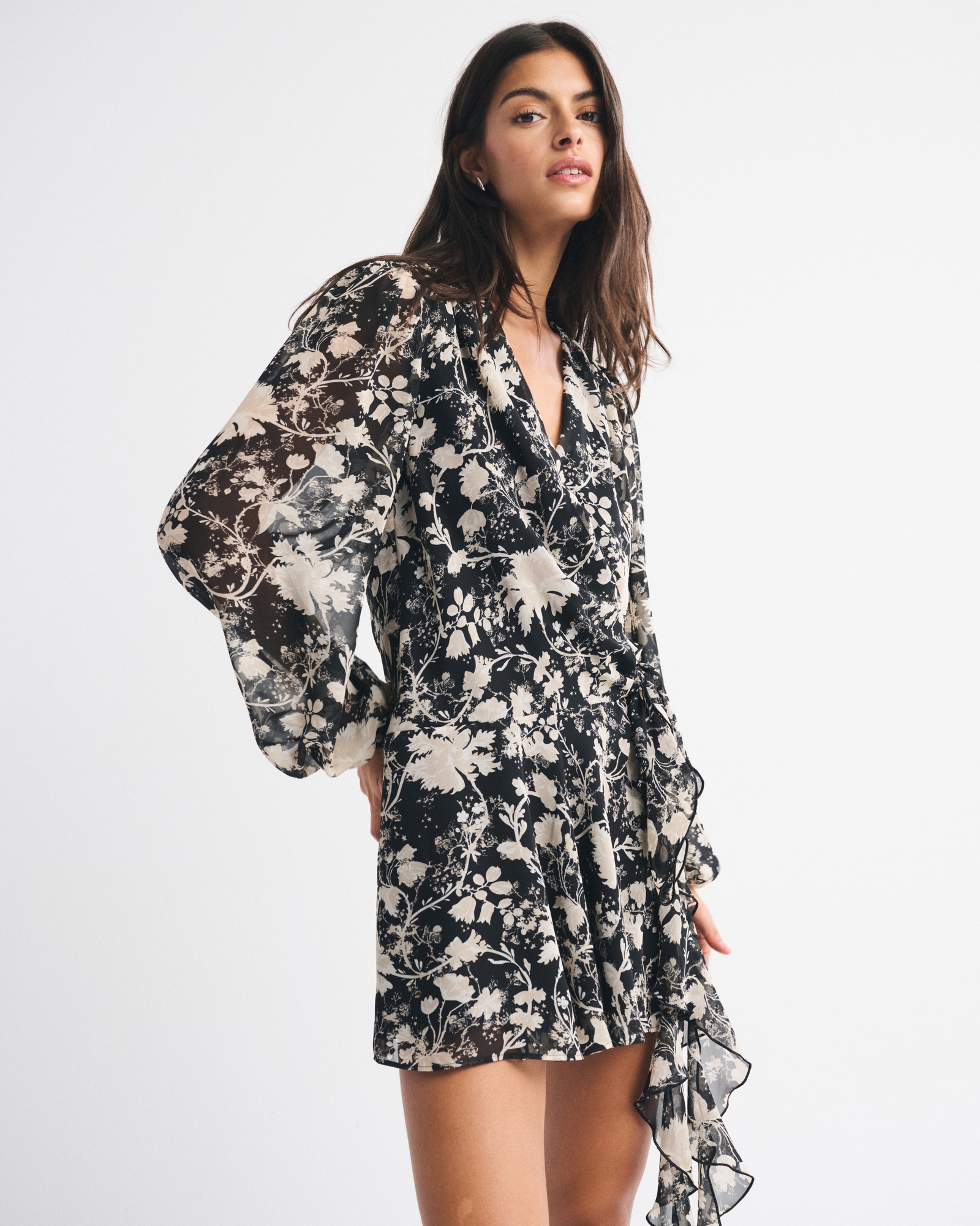 Long-Sleeve Plunge Wrap Mini Dress