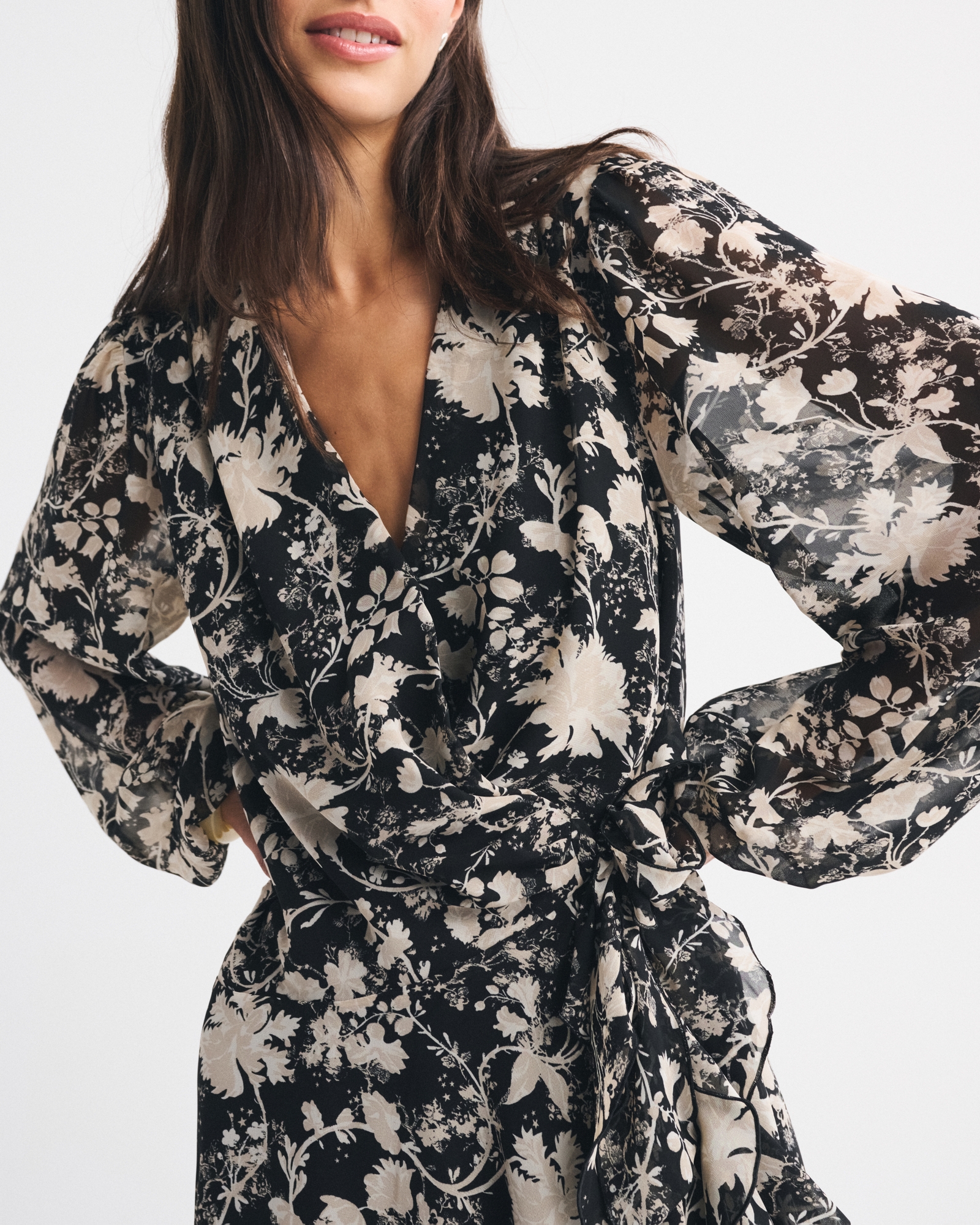 Long-Sleeve Plunge Wrap Mini Dress