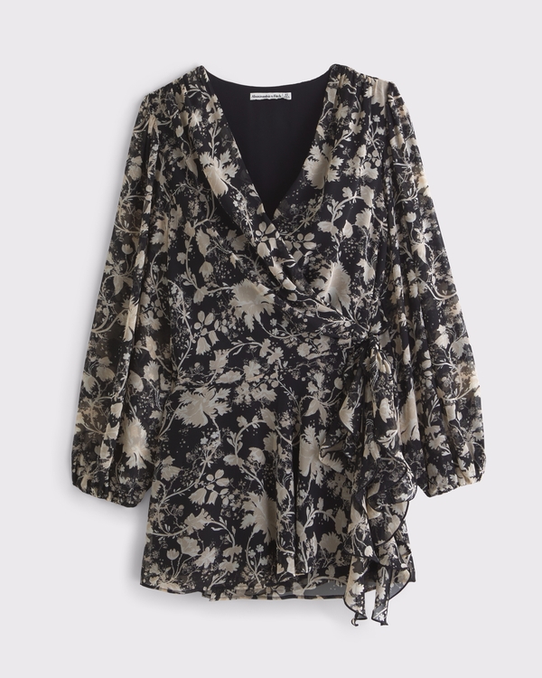 Long-Sleeve Plunge Wrap Mini Dress