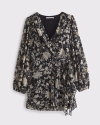 Long-Sleeve Plunge Wrap Mini Dress