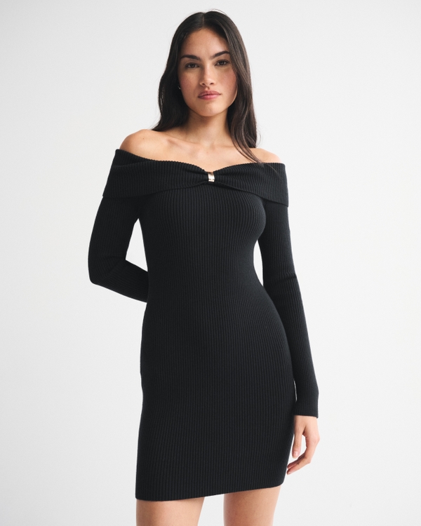 Off-The-Shoulder Hardware Mini Sweater Dress, Black view 1
