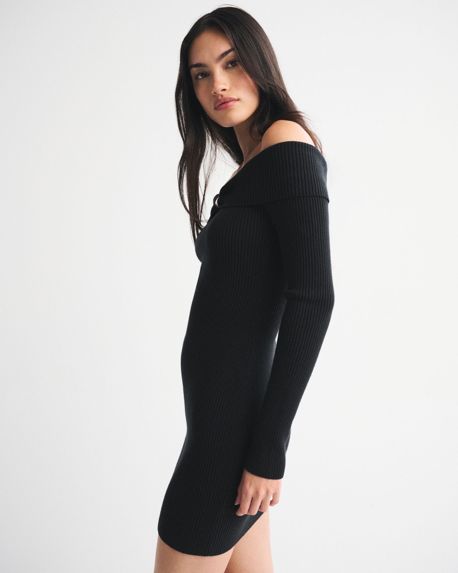 Off-The-Shoulder Hardware Mini Sweater Dress