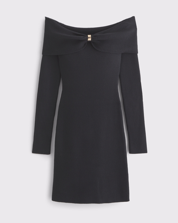off the shoulder black sweater dress Women's Off-The-Shoulder Hardware Mini Black Fringe Sweater Dress Type5 Neckline to hem measures Atria Signature Colors:Atlantic Blue