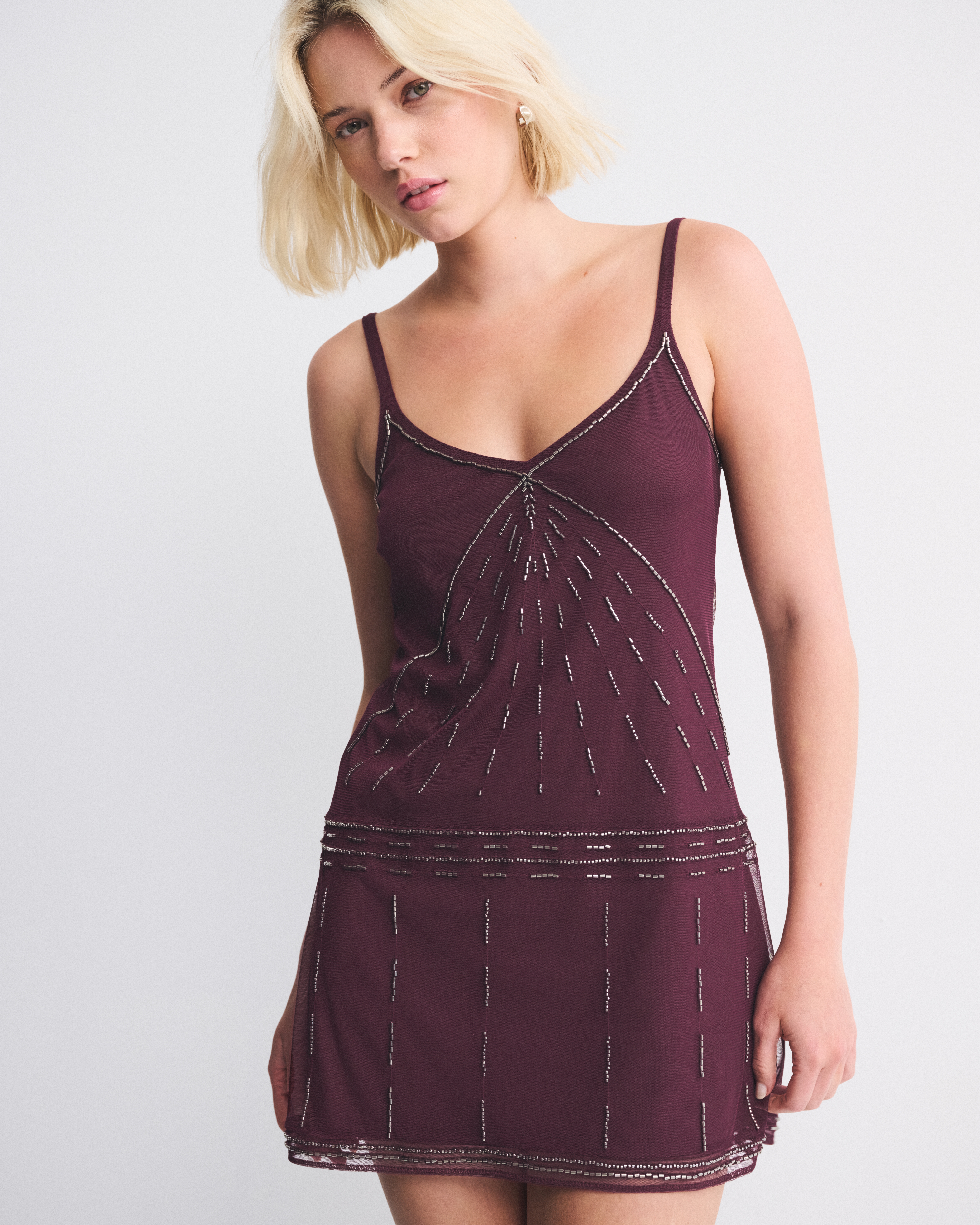 Abercrombie & Fitch V-neck Beaded Mini Dress In Burgundy