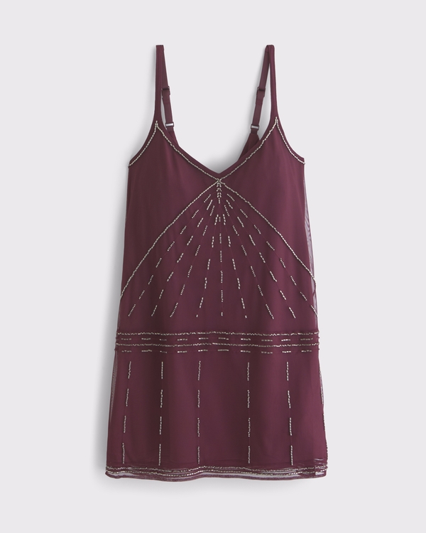 V-Neck Beaded Mini Dress, Red Wine view 1