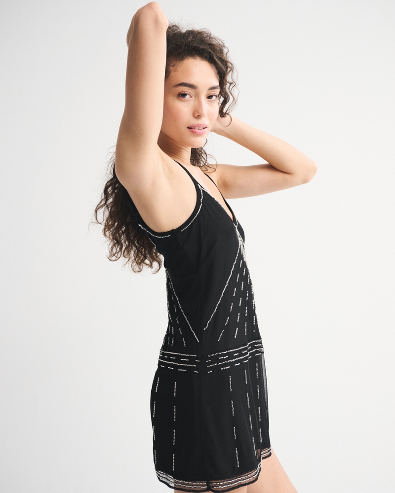 V-Neck Beaded Mini Dress