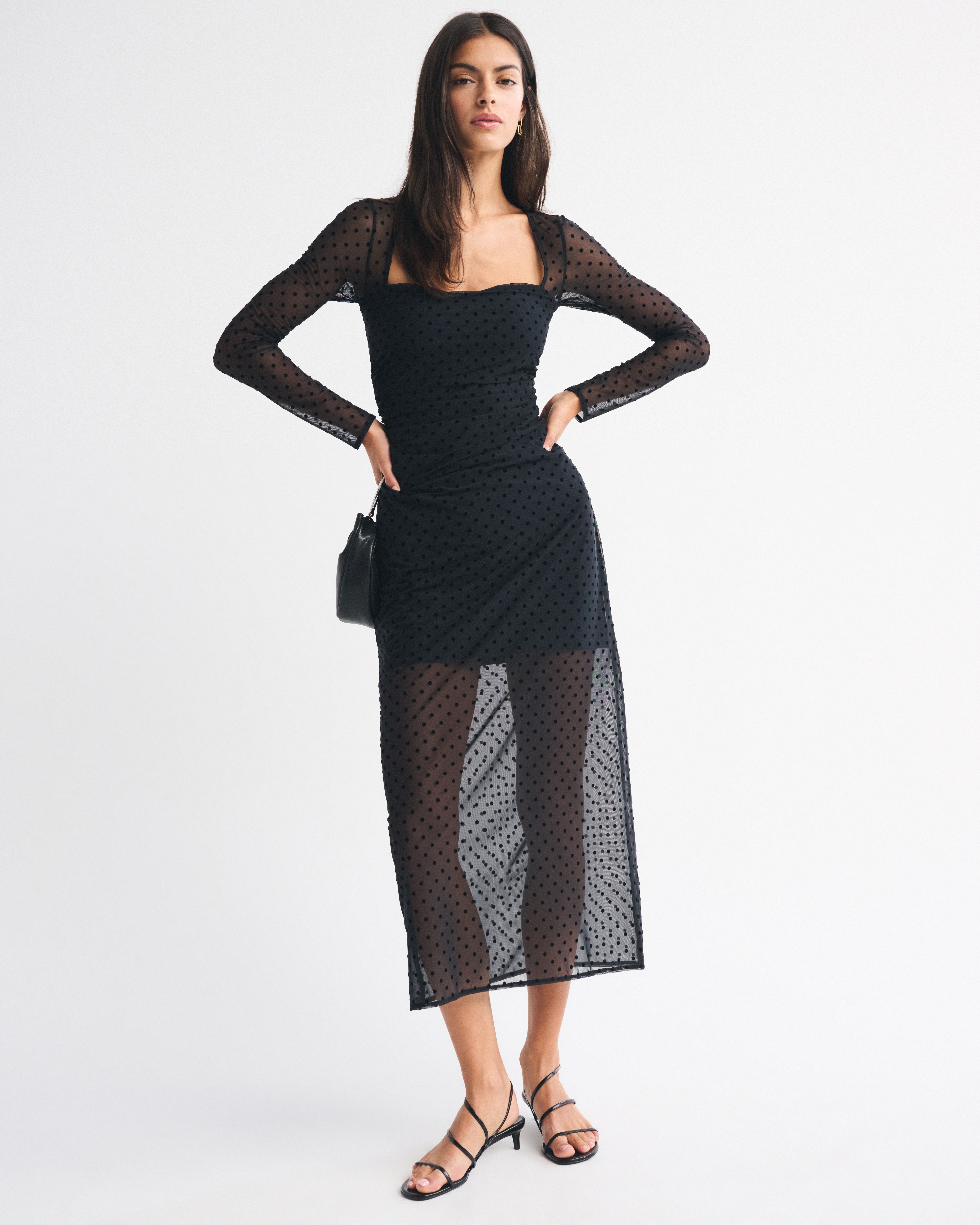 Abercrombie & Fitch Bra-free Long-sleeve Mesh Maxi Dress In Black