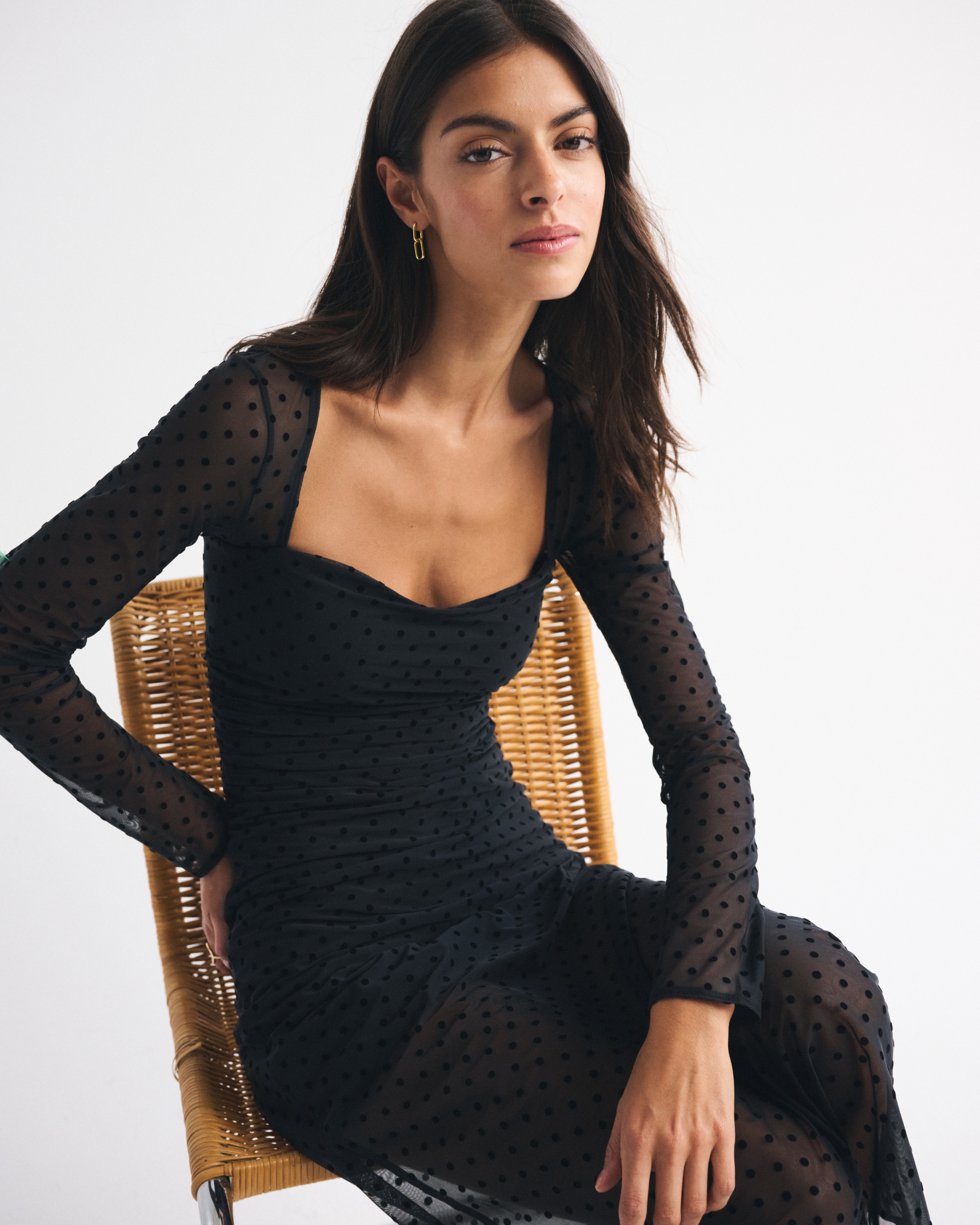 Abercrombie & Fitch Bra-free Long-sleeve Mesh Maxi Dress In Black