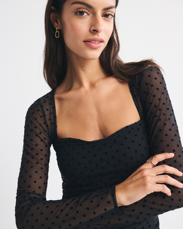 Women's Bra-Free Long-Sleeve Mesh Maxi Dress in Black Dot | Size XXS PETITE | Abercrombie & Fitch