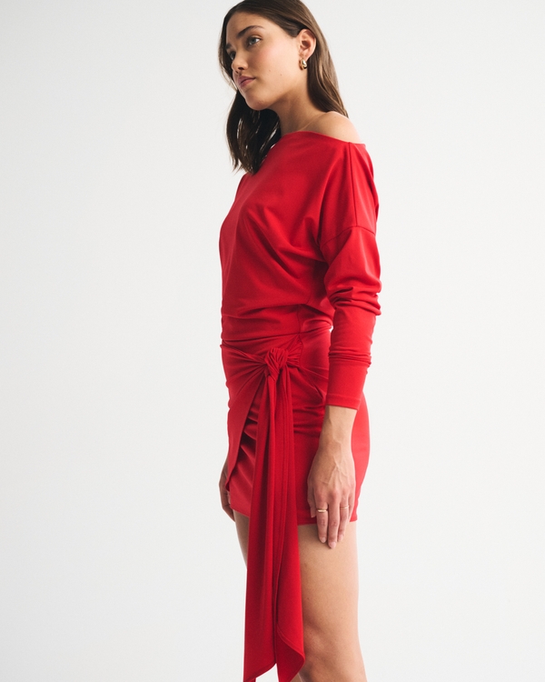Long-Sleeve Draped Knit Mini Dress