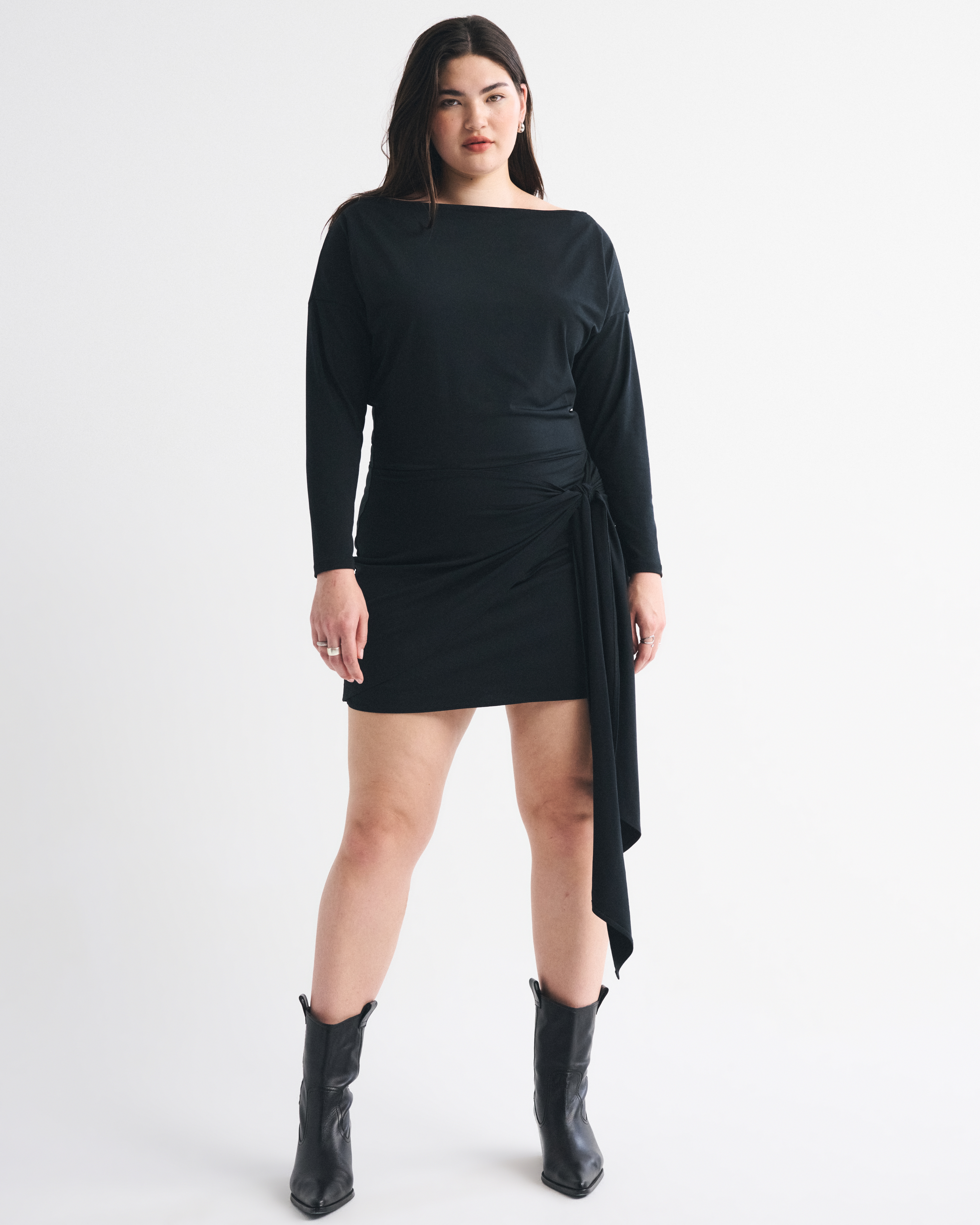 Abercrombie & Fitch Long-sleeve Draped Knit Mini Dress In Black