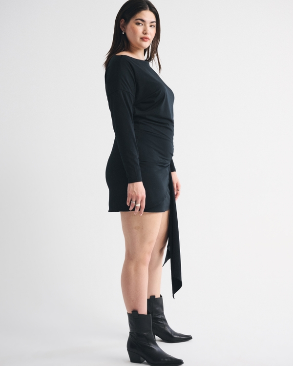 Long-Sleeve Draped Knit Mini Dress