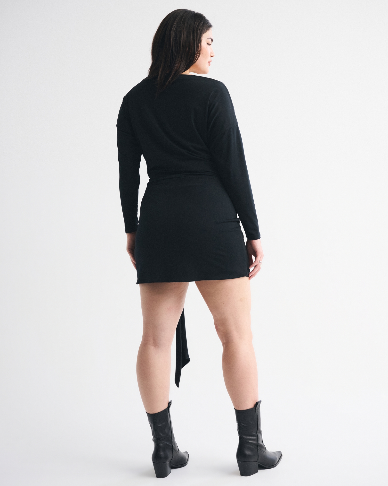 Long-Sleeve Draped Knit Mini Dress