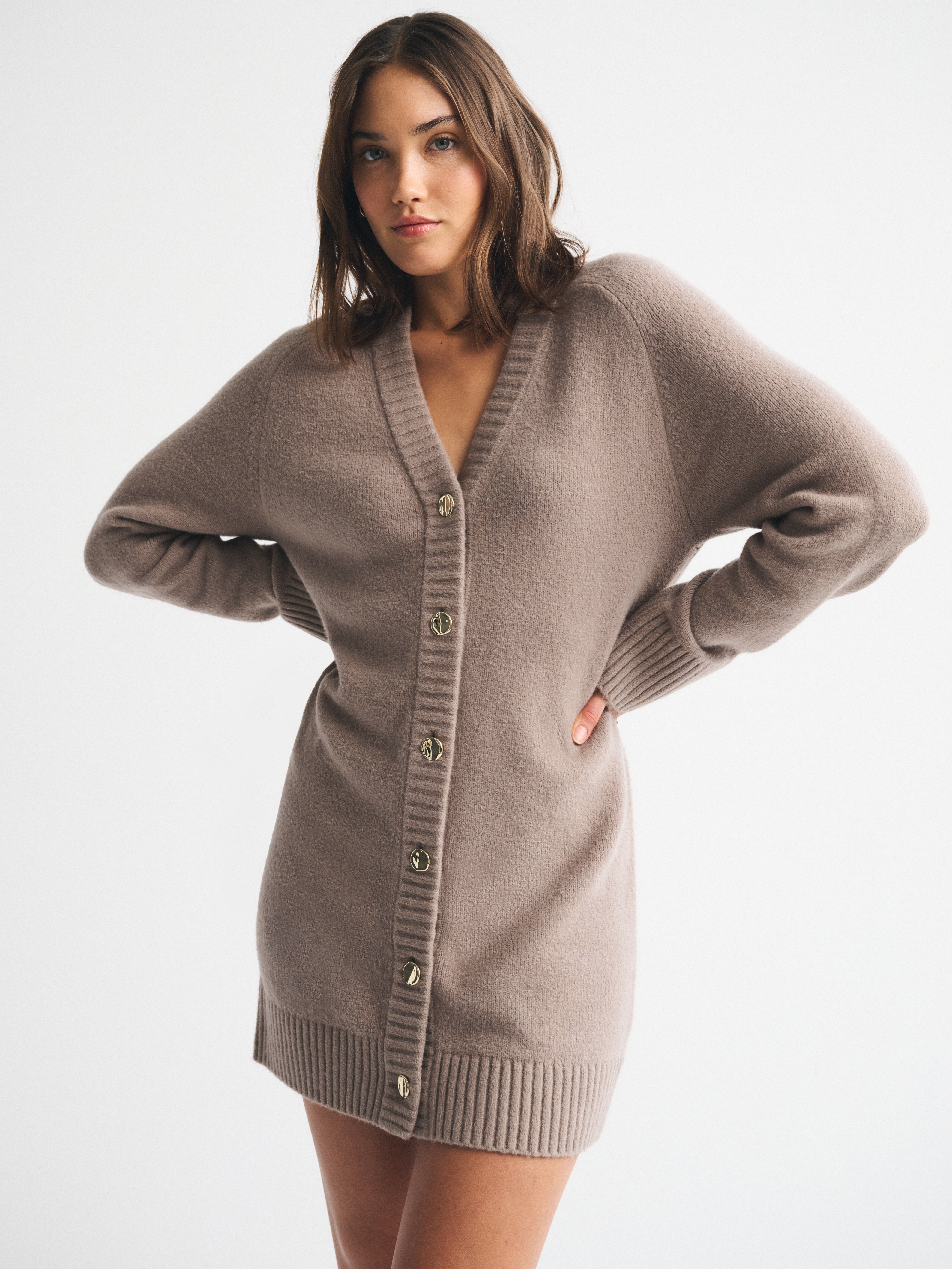 Abercrombie & Fitch Long-sleeve Cardigan Mini Sweater Dress In Brown