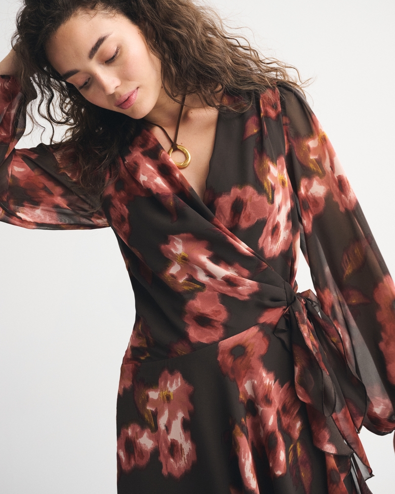 Long-Sleeve Plunge Wrap Mini Dress