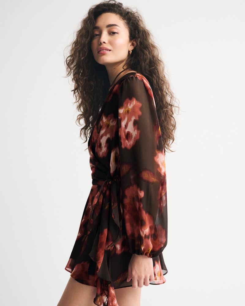 Long-Sleeve Plunge Wrap Mini Dress