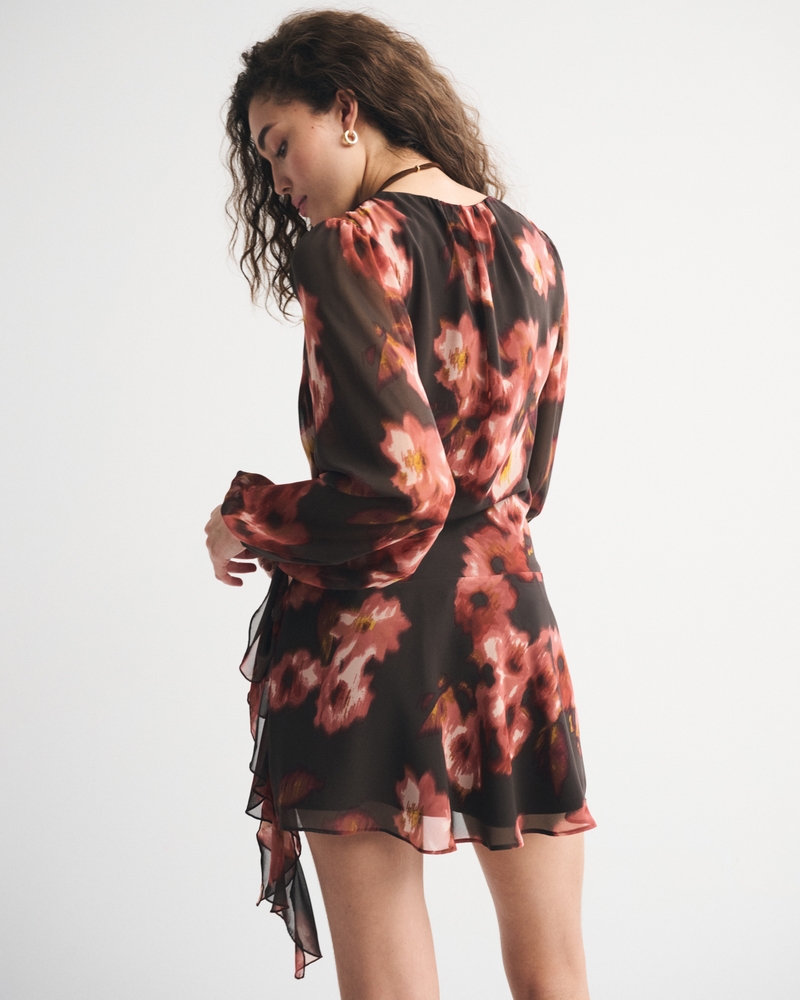 Long-Sleeve Plunge Wrap Mini Dress