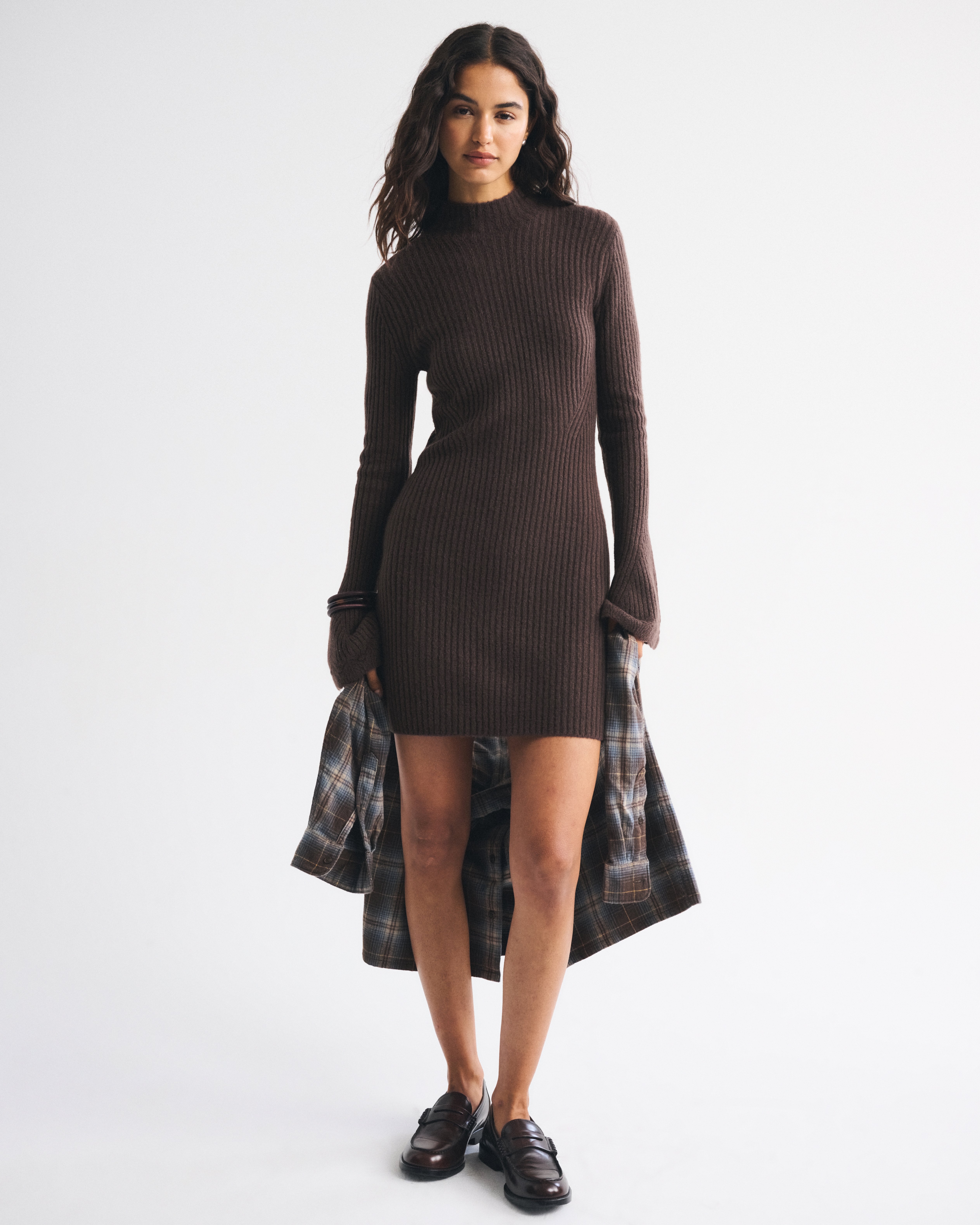 Abercrombie & Fitch Mockneck Ribbed Mini Sweater Dress In Brown